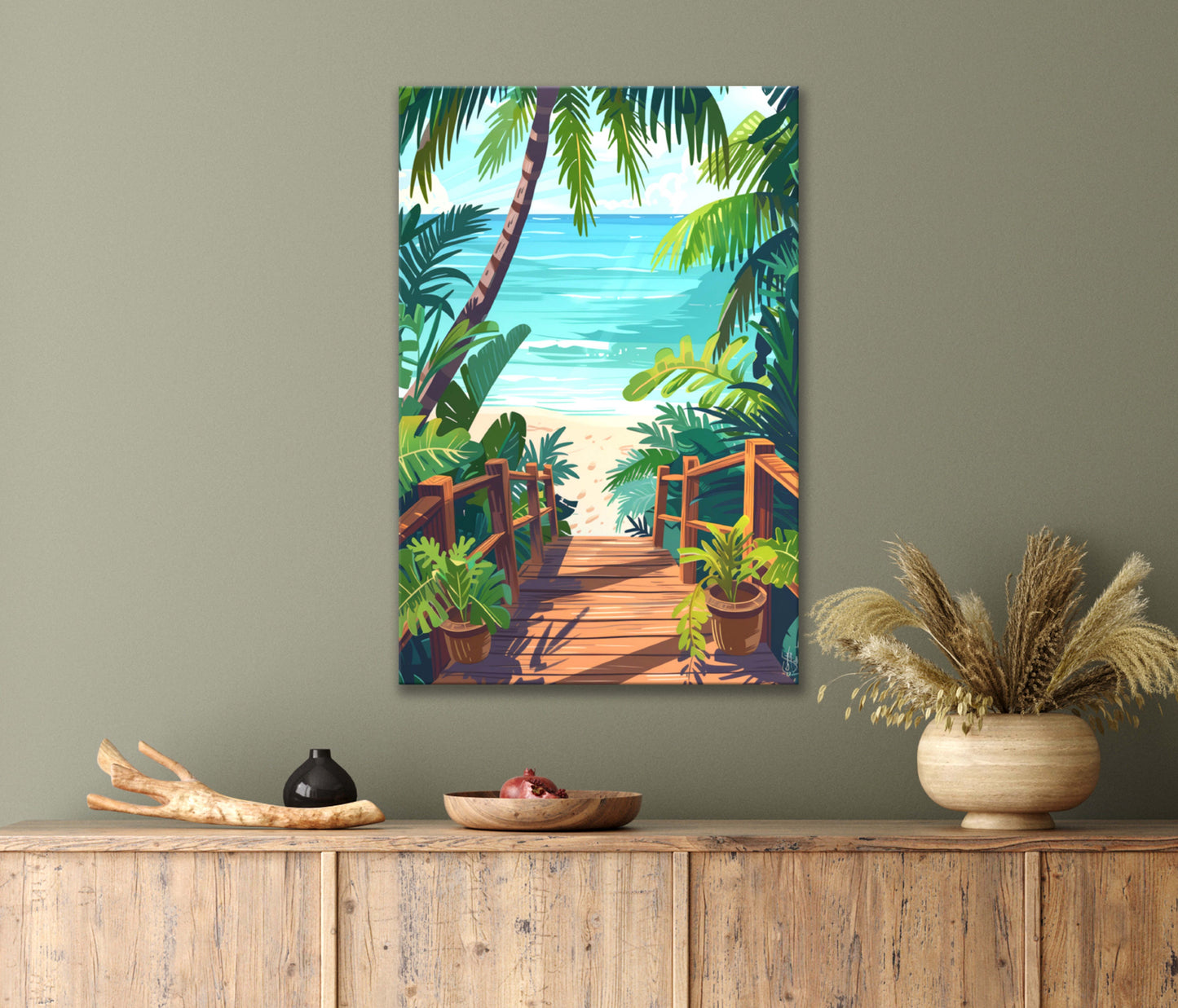 Tropical Beach Scene with Wooden Pier Leading to The Ocean Print 100% Australian Made 40x60cm Stretched Canvas Ready to Hang