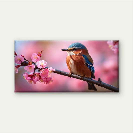 Songbird on Cherry Blossom Branch Wall Art Canvas Office Home Framed 80x45cm