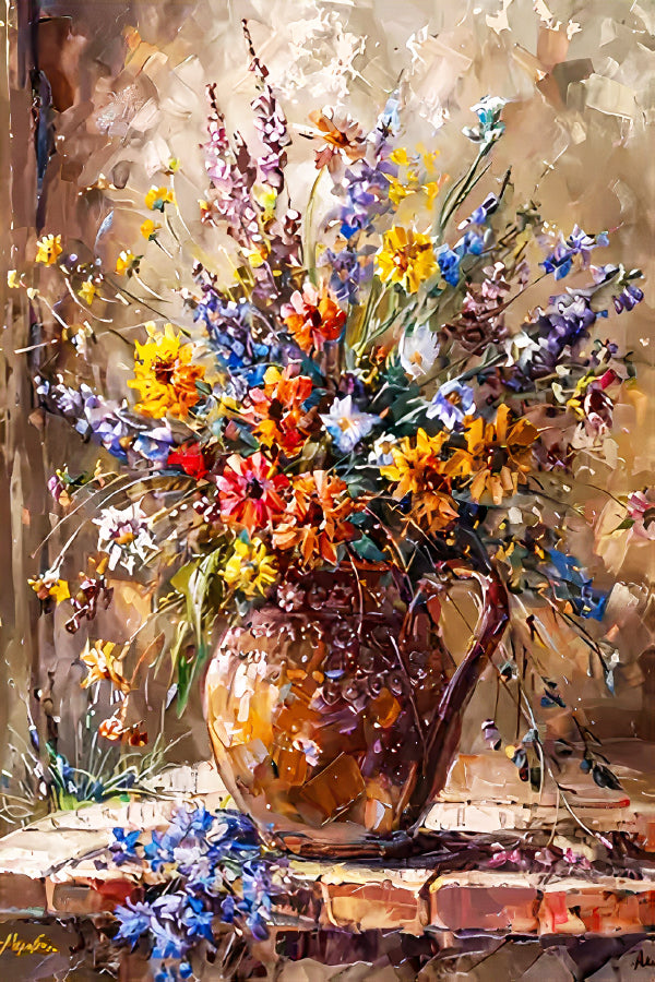 Painting Of a Vase of Flowers On Ledge Print 100% Australian Made 40x60cm Stretched Canvas Ready to Hang