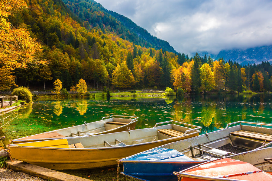 Boats on Lake & Autumn Forest Print 100% Australian Made Stretched Canvas Ready to Hang - NT-113