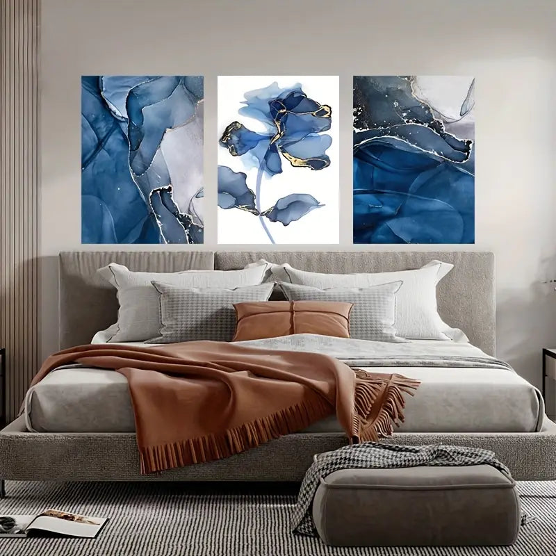 3pcs Abstract Blue Flower & Waterfall Metal Print Ready to Hang Art