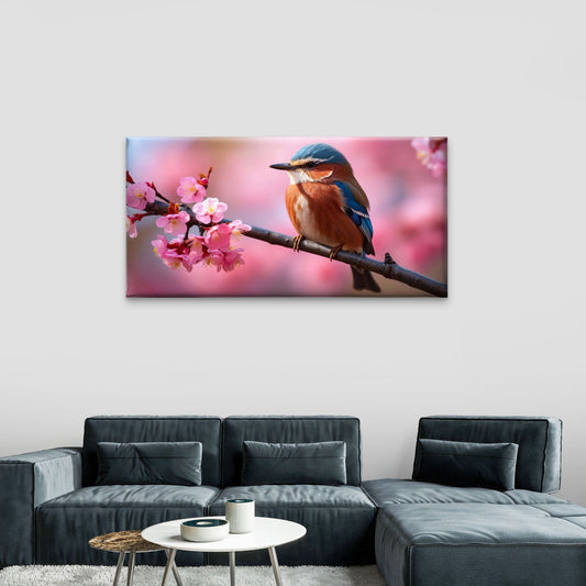 Songbird on Cherry Blossom Branch Wall Art Canvas Office Home Framed 80x45cm