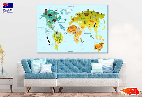 Funny Cartoon Animal World Map Print 100% Australian Made Stretched Canvas Ready to Hang - MP-113