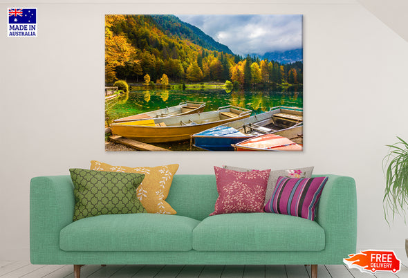 Boats on Lake & Autumn Forest Print 100% Australian Made Stretched Canvas Ready to Hang - NT-113