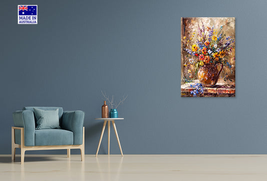 Painting Of a Vase of Flowers On Ledge Print 100% Australian Made 40x60cm Stretched Canvas Ready to Hang