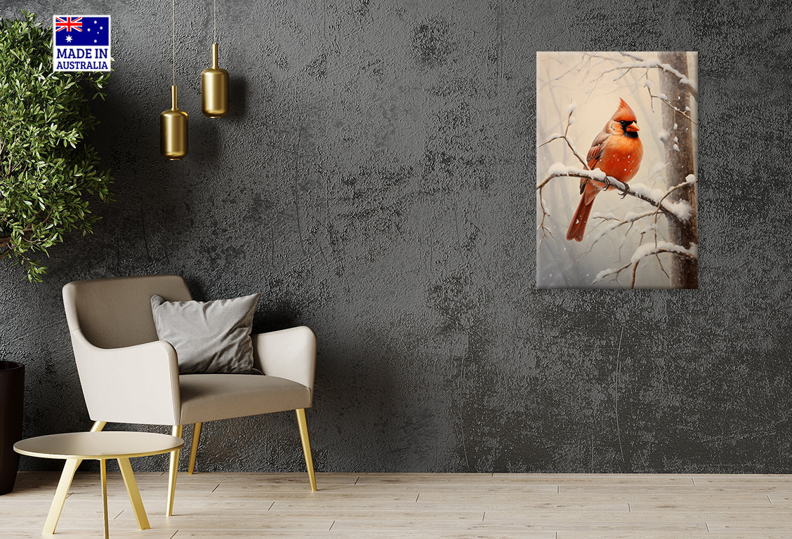 Red Bird on a Branch in The Snow Print 100% Australian Made 40x60cm Stretched Canvas Ready to Hang