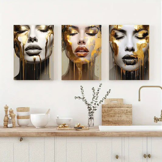 3pcs Abstract Woman Golden Face Design Metal Print Ready to Hang Art