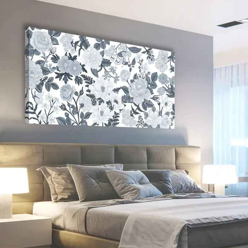 Grey & White Floral Elegant Botanical Wall Art canvas office home room framed 120x60cm