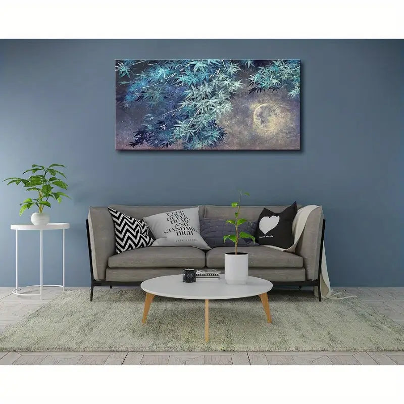 Night Sky Blue Trees & Moon Wall Art canvas office home room framed 120x60cm
