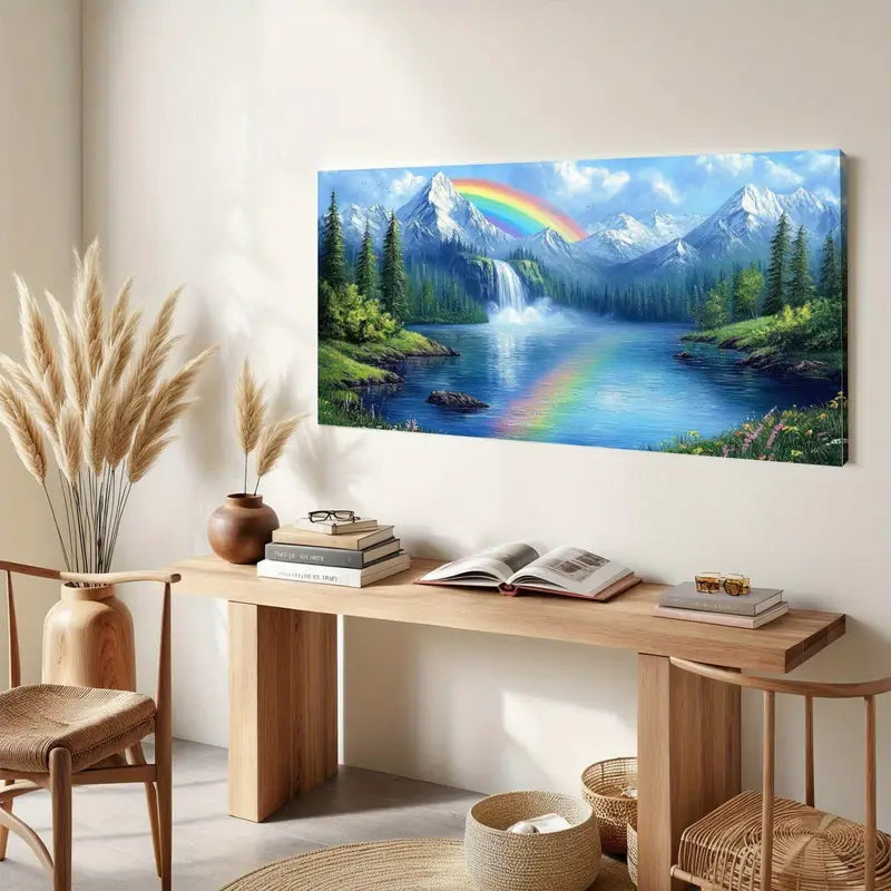 Waterfall Natural Lake Landscape Snowy Mountains Rainbow Pine Trees Wall Art canvas office home room framed 120x60cm