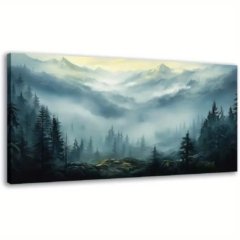 Misty Forest Serene Nature Scene Pine Trees & Misty Peaks Wall Art canvas office home room framed 120x60cm