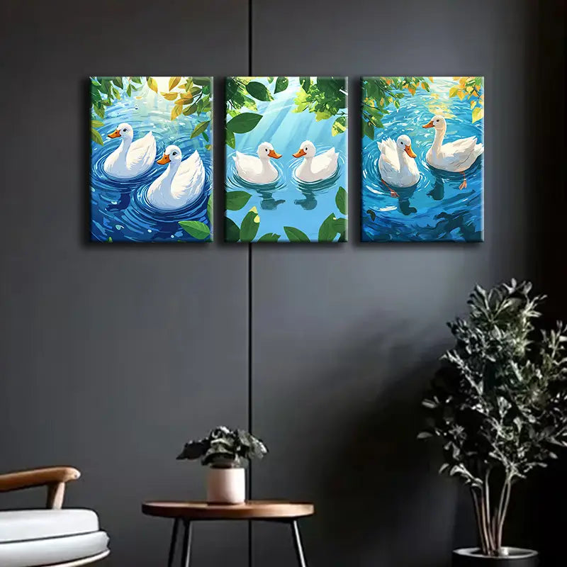 3pcs Swimming White Duck Metal Print Ready to Hang Art