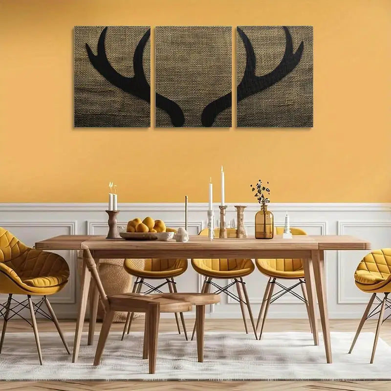 3pcs Majestic Two-Pointed Antlers on Burlap Backdrop Metal Print Ready to Hang Art