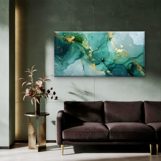 Green Gold Fluid Abstract Wall Art Canvas Office Home Room Framed 80x45cm