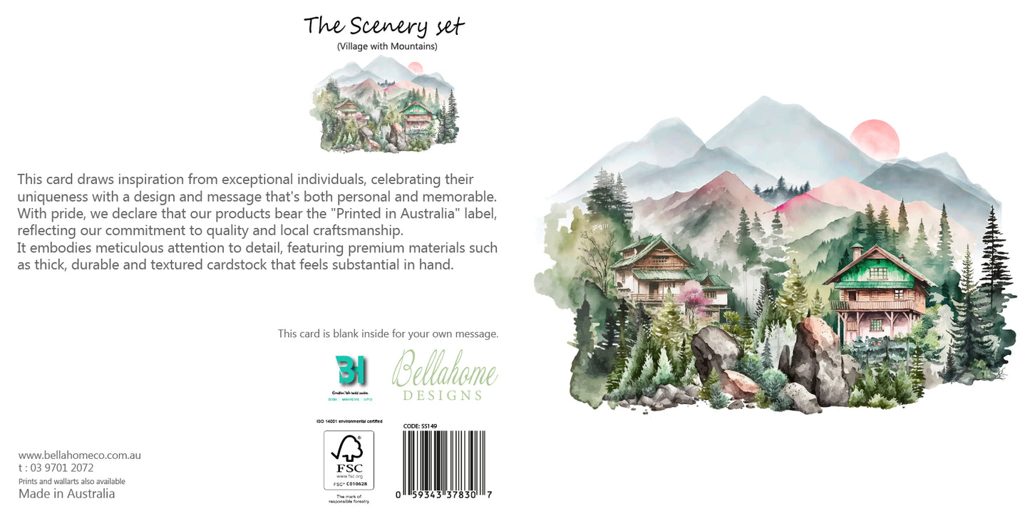 Village with Mountains Greeting Card - The Scenery Set - 10 Pcs