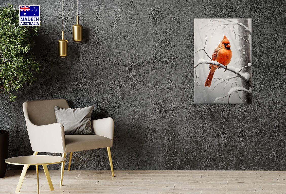 Red Bird Perched on a Snowy Branch Print 100% Australian Made 40x60cm Stretched Canvas Ready to Hang