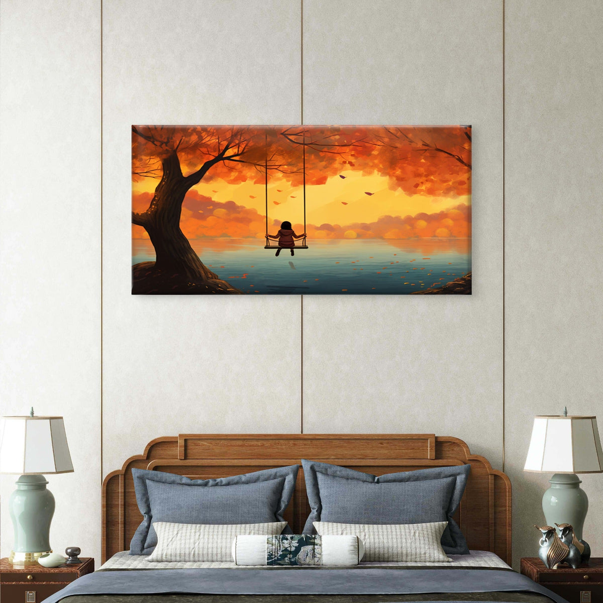 Girl On Swing Autumn Sunset Landscape Wall Art Canvas Office Home Framed 120x60cm