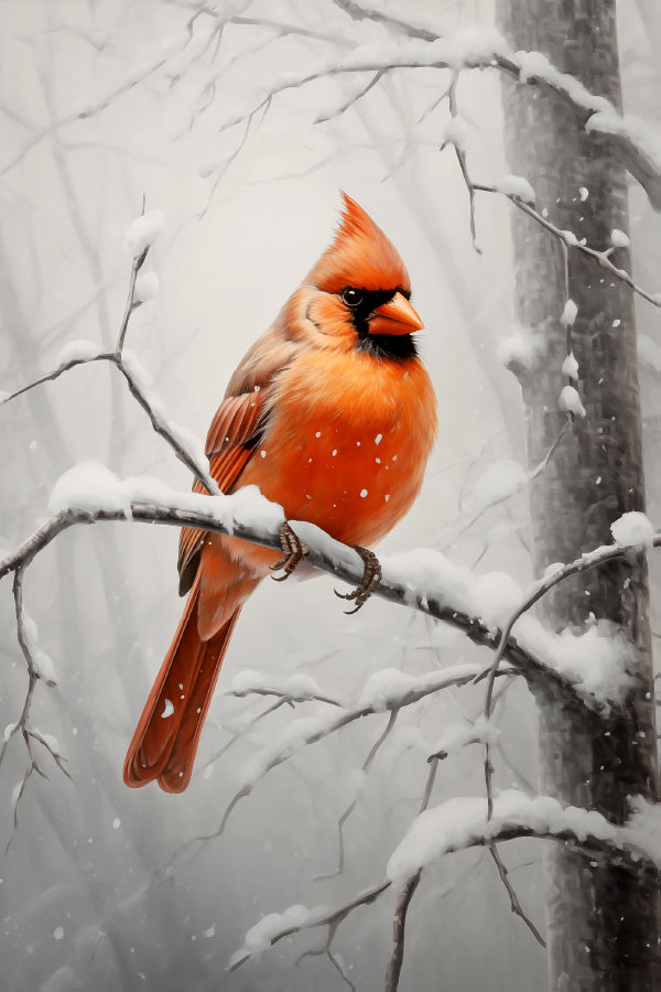 Red Bird Perched on a Snowy Branch Print 100% Australian Made 40x60cm Stretched Canvas Ready to Hang