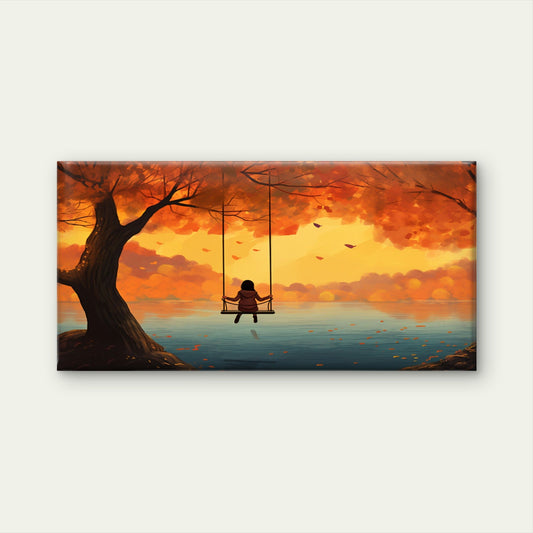 Girl On Swing Autumn Sunset Landscape Wall Art Canvas Office Home Framed 80x45cm