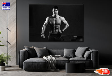 Grayscale of a Fit Male Bodybuilder Print 100% Australian Made Stretched Canvas Ready to Hang - BW-114