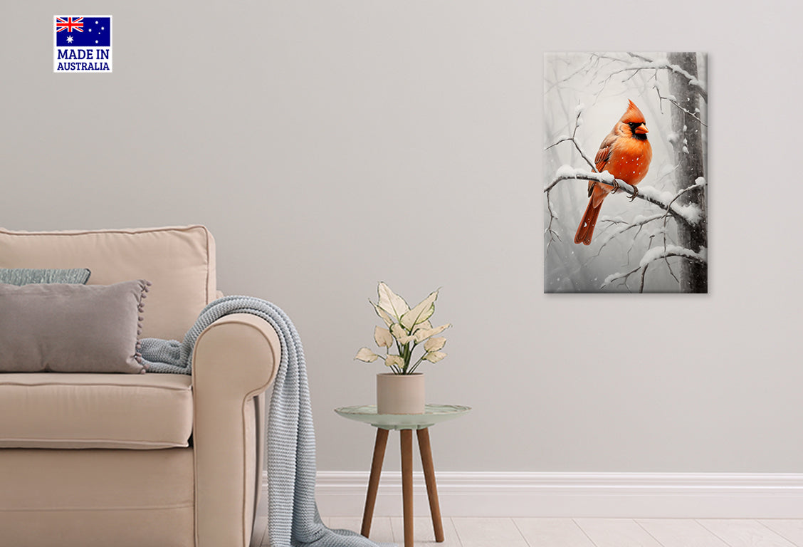 Red Bird Perched on a Snowy Branch Print 100% Australian Made 40x60cm Stretched Canvas Ready to Hang