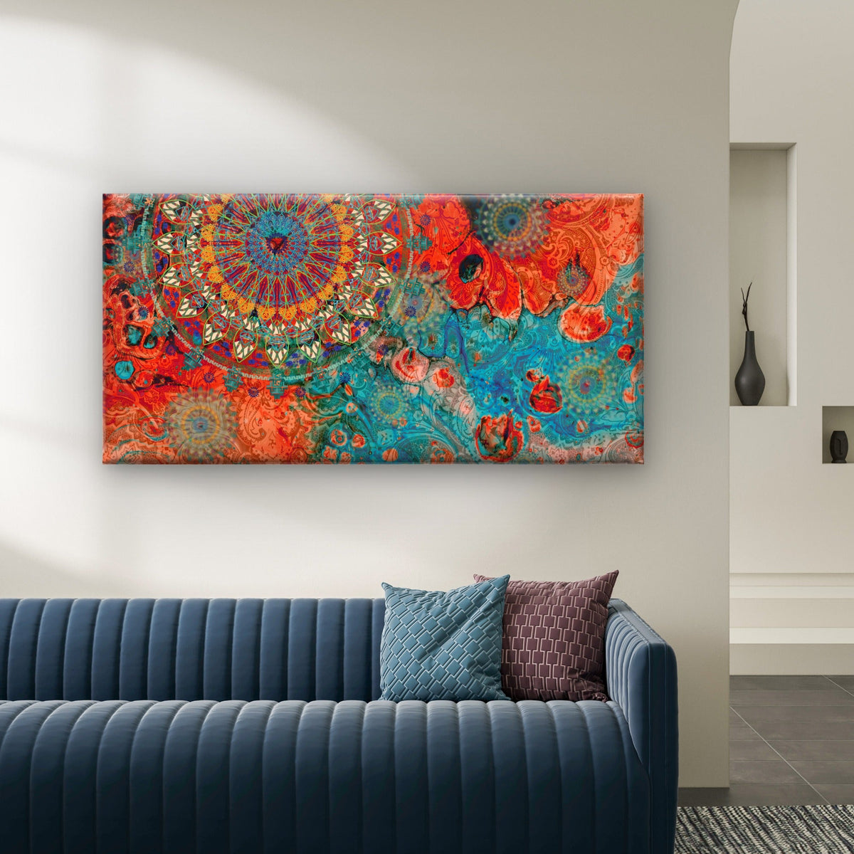 Boho Mandala Teal Orange Pattern Wall Art Canvas Office Home Room Framed 80x45cm