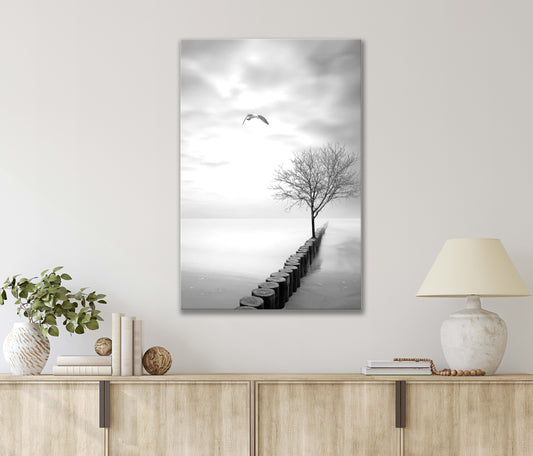 Majestic Bird Soaring Over Tree with Wooded Pier and Lake Print 100% Australian Made 40x60cm Stretched Canvas Ready to Hang