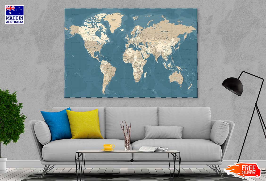 World Vintage Political Map Print 100% Australian Made Stretched Canvas Ready to Hang - MP-114