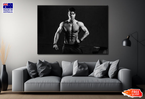 Grayscale of a Fit Male Bodybuilder Print 100% Australian Made Stretched Canvas Ready to Hang - BW-114