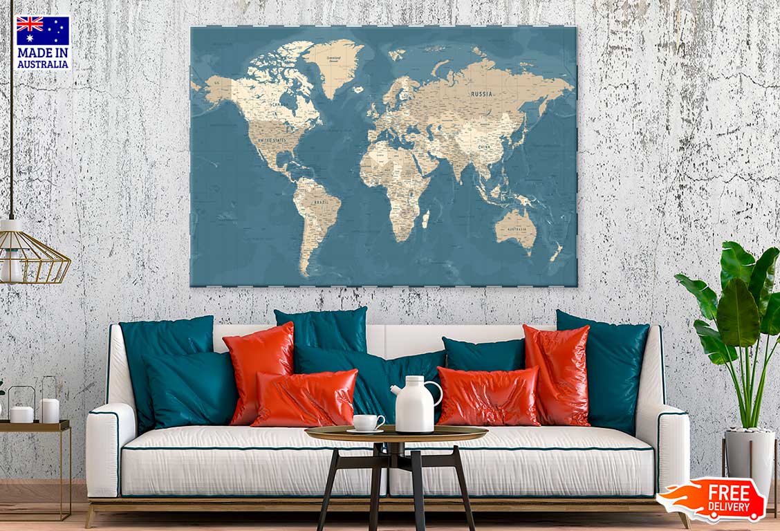 World Vintage Political Map Print 100% Australian Made Stretched Canvas Ready to Hang - MP-114