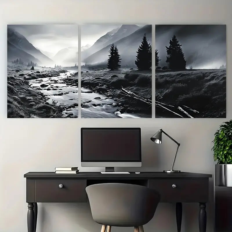 3pcs Moody Misty Mountains Pine Tree Metal Print Ready to Hang Art