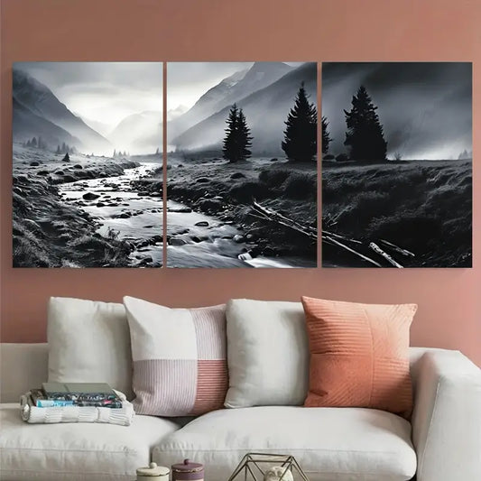 3pcs Moody Misty Mountains Pine Tree Metal Print Ready to Hang Art