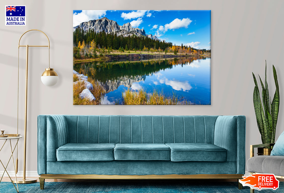 Mountains & Trees View on Lake Print 100% Australian Made Stretched Canvas Ready to Hang - NT-114