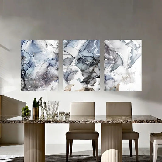 3pcs Abstract Marble Blue White and Gray Metal Print Ready to Hang Art