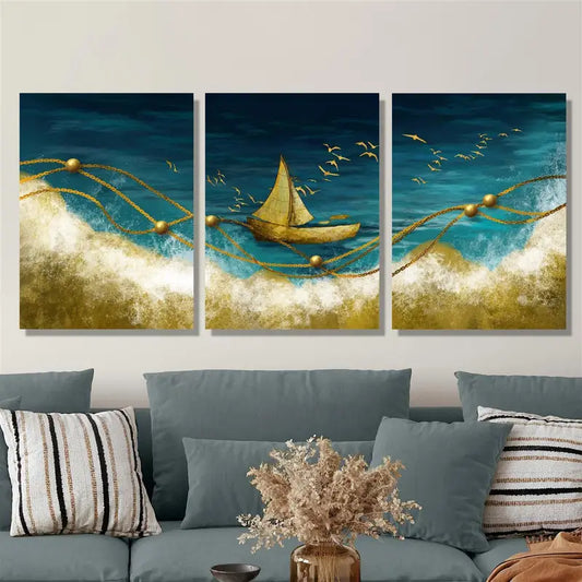 3pcs Golden Sailboat Serene Ocean with Sunset Metal Print Ready to Hang Art