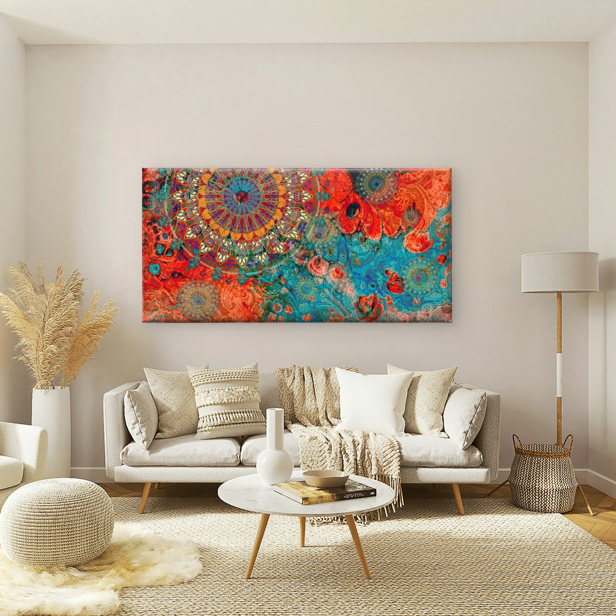 Boho Mandala Teal Orange Pattern Wall Art Canvas Office Home Room Framed 120x60cm