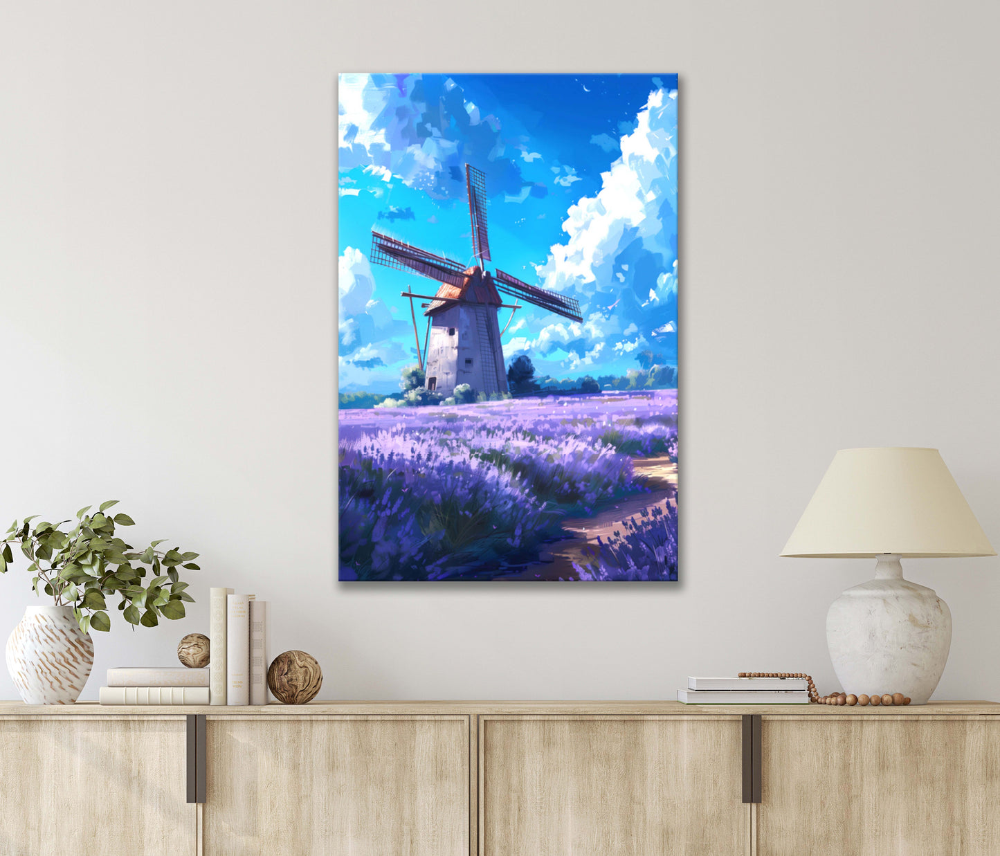 Windmill In a Vibrant Purple Lavender Field with Blue Sky Print 100% Australian Made 40x60cm Stretched Canvas Ready to Hang