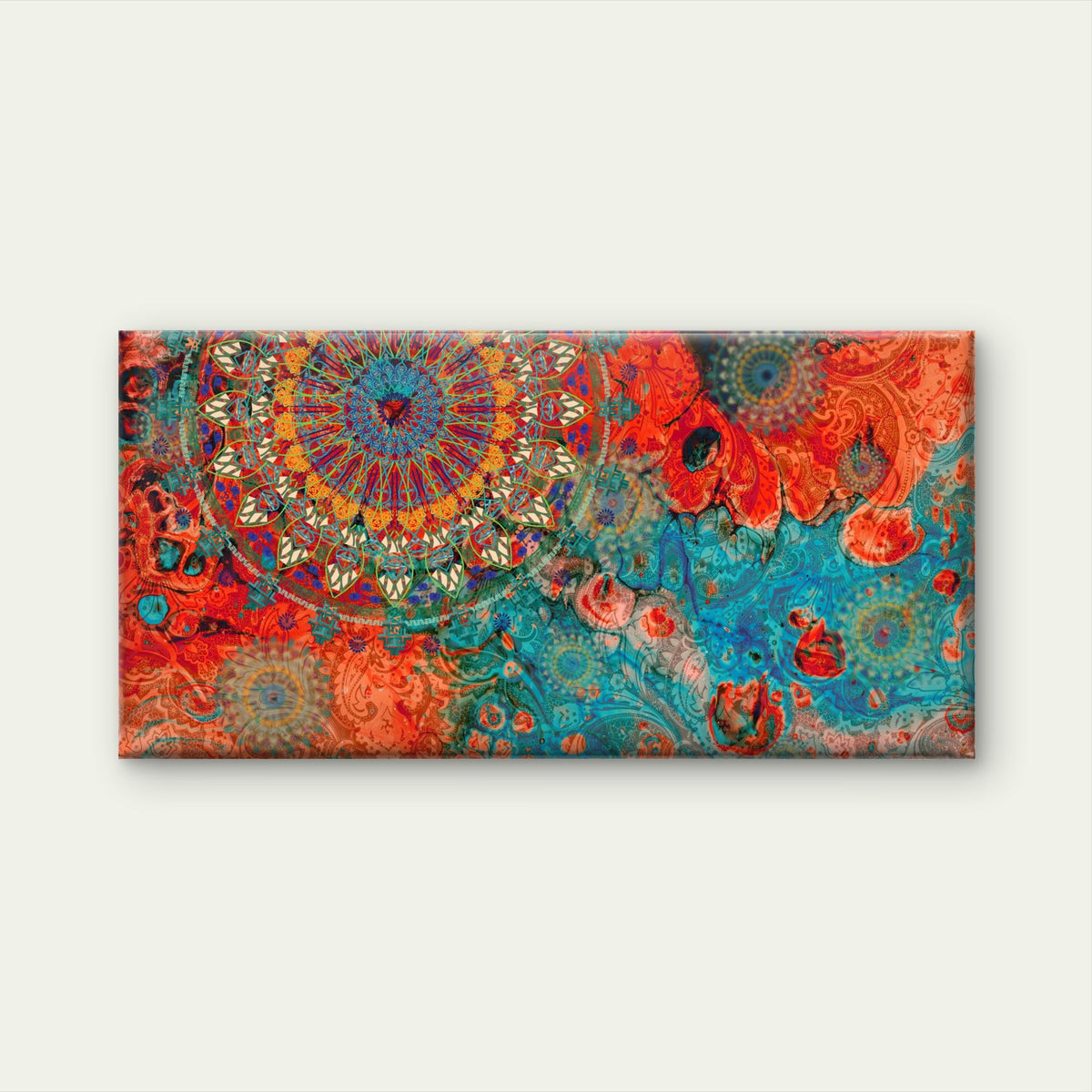 Boho Mandala Teal Orange Pattern Wall Art Canvas Office Home Room Framed 120x60cm