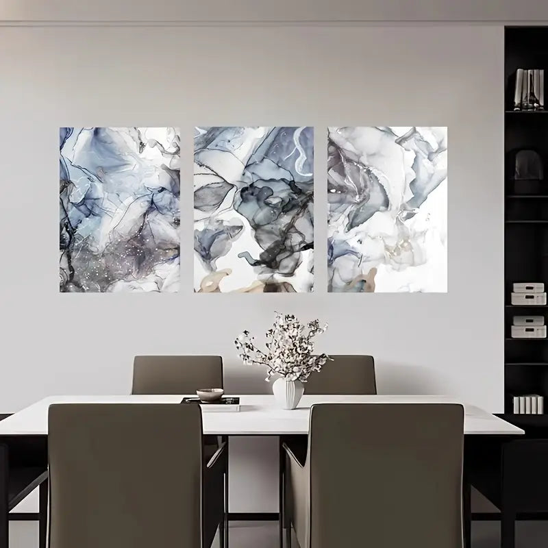 3pcs Abstract Marble Blue White and Gray Metal Print Ready to Hang Art