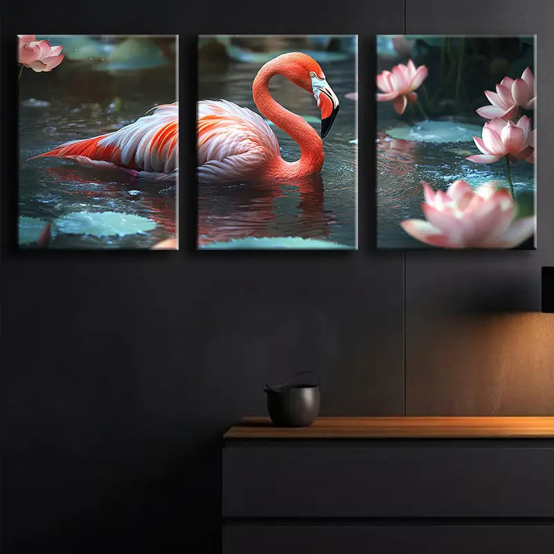 3pcs Flamingo and Lotus Flower Metal Print Ready to Hang Art