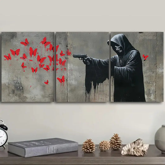 3pcs Death Shooting Red Butterflies Metal Print Ready to Hang Art