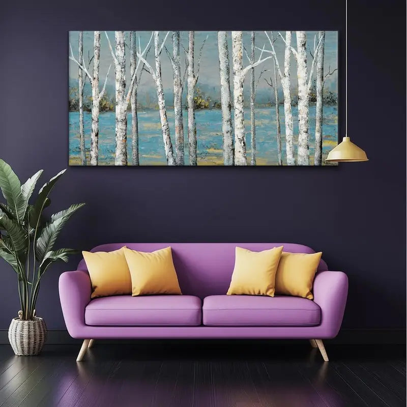 Navy Blue Forest Rustic Birch Trees Wall Art canvas office home room framed 120x60cm