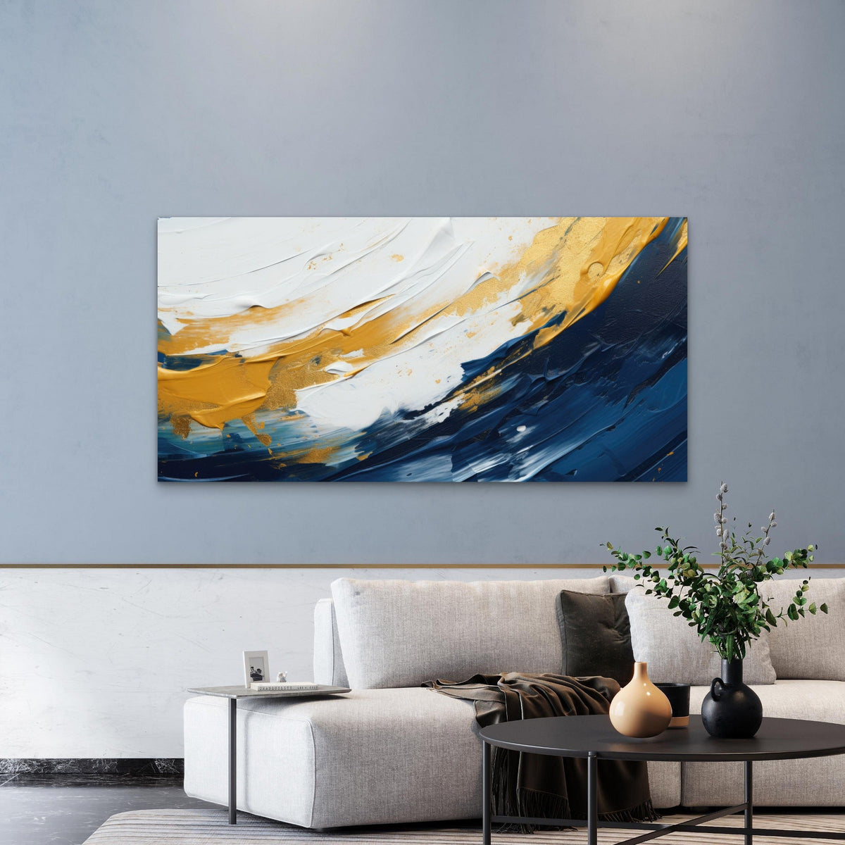 Ocean Waves Of Gold Wall Art Canvas Office Home Room Framed 80x45cm