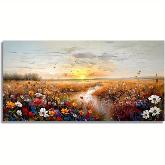 Sunset River Wildflower Field Wall Art canvas office home room framed 120x60cm