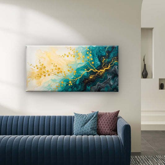 Abstract Gold Branches Teal Fluid Art Swirls Wall Art Canvas Office Home Room Framed 80x45cm