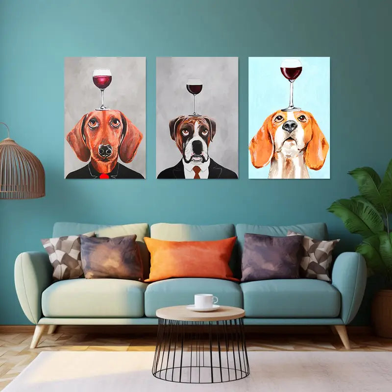 3pcs Featuring Dogs in Suits with Wine Glasses on Their Heads Metal Print Ready to Hang Art