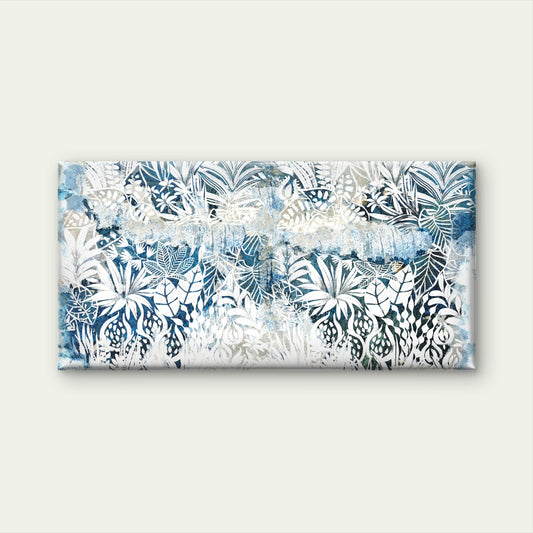 Distressed Blue Tropical Leaf Abstract Painting Wall Art Canvas Office Home Room Framed 80x45cm