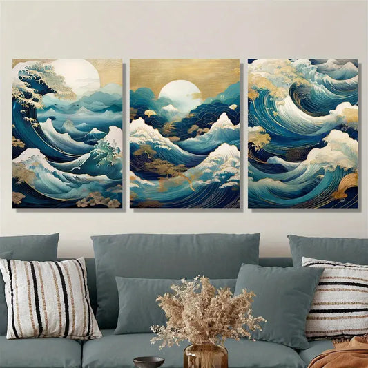 3pcs Moon Viewing, Hokusai Design Abstract Wave Metal Print Ready to Hang Art