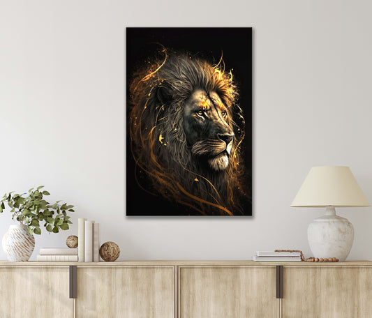 Art Of A Lion In Shades Of Gold Print 100% Australian Made 40x60cm Stretched Canvas Ready to Hang