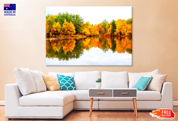 Autumn Trees Reflection on Lake Print 100% Australian Made Stretched Canvas Ready to Hang - NT-115